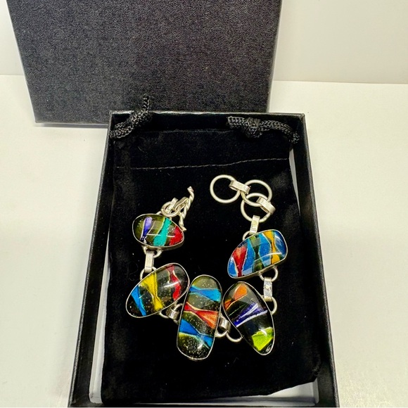 Handmade Sterling Silver Dichroic Glass Bracelet Artisan Multi-Color 7.5–8” - Picture 2 of 4